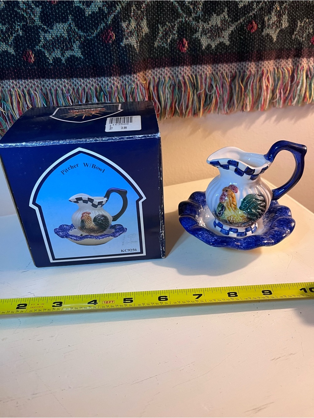 Cracker Barrel Blue and Multicolor Rooster Pitcher with Scalloped Bowl